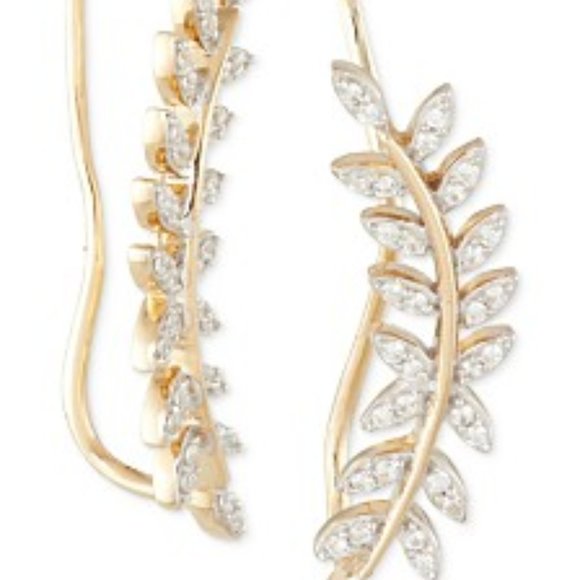 Macy's Diamond Leaf‎ Cuff 10K Gold Leaves Earrings - Picture 1 of 7
